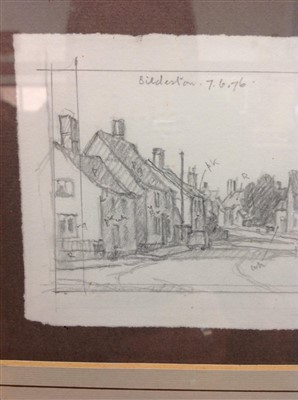 Lot 1049 - Leonard Russell Squirrell pencil sketch - Bildeston High Street, inscribed and dated 7.6.76, in glazed frame, 11cm x 19.5cm 
 Provenance: St Lawrence Gallery, Ipswich