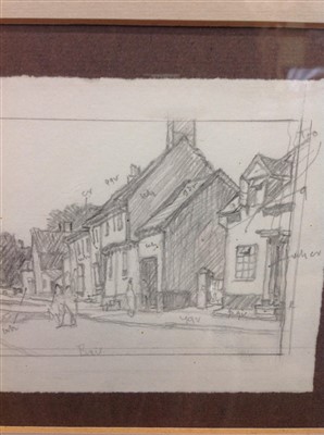 Lot 1049 - Leonard Russell Squirrell pencil sketch - Bildeston High Street, inscribed and dated 7.6.76, in glazed frame, 11cm x 19.5cm 
 Provenance: St Lawrence Gallery, Ipswich
