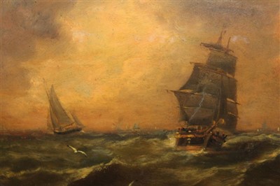 Lot 1048 - John Moore of Ipswich oval oil on panel - shipping at dusk, signed, in oval gilt frame, 32cm x 45cm