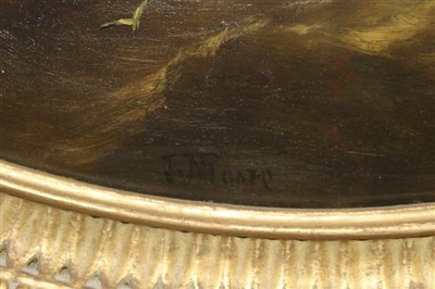 Lot 1048 - John Moore of Ipswich oval oil on panel - shipping at dusk, signed, in oval gilt frame, 32cm x 45cm