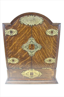 Lot 3590 - Unusual Victorian oak writing box with intricately decorated brass mounts