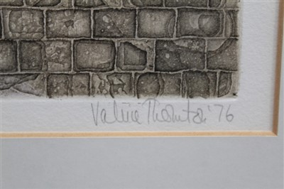 Lot 1144 - Valerie Thornton (1931-1991) signed limited edition etching and aquatint - Old Houses, Maidenberg Street - Minories Edition, dated ‘76, 12/80