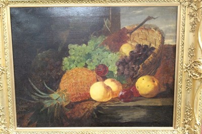 Lot 1146 - Eloise Harriet Stannard (1829-1915) oil on canvas - still life of grapes, pineapple and apples in a basket, initialled, in gilt frame, 47cm x 62cm