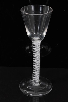 Lot 70 - 18th Century wine glass with funnel bowl, double series opaque twist stem on splayed foot