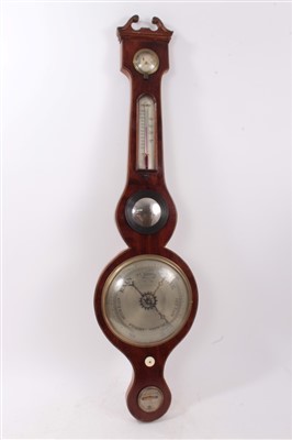 Lot 17 - 19th century inlaid mahogany banjo shaped barometer thermometer with silvered dials