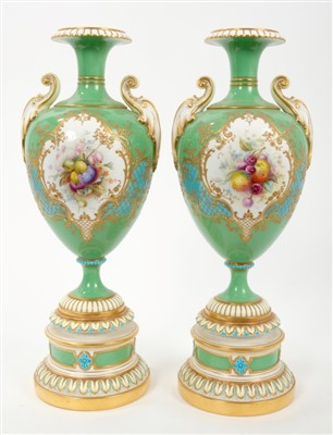 Lot 57 - Pair fine Victorian Royal Worcester vases with scroll handles