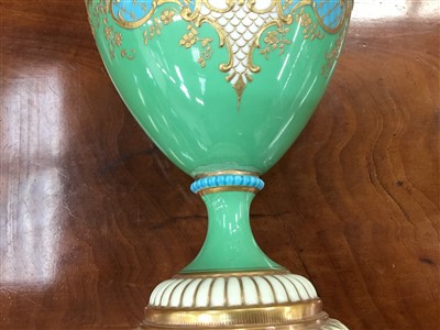 Lot 57 - Pair fine Victorian Royal Worcester vases with scroll handles