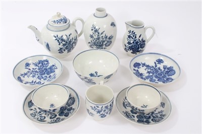 Lot 72 - Collection 18th century Worcester blue and white teaware with matching printed floral and butterfly decoration comprising teapot and cover, sparrow beak jug,sugar bowl,tea cannister,two tea bowls,c...