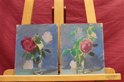 Lot 1188 - John Nash (1932-2018) oil on board - White Rose in Vase, dated '92, 38cm x 35cm together with seven other still life oils of flowers in vases, five framed (8)