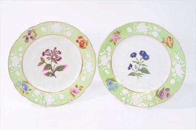 Lot 60 - Pair Regency Coalport ‘New Embossed’ dessert plates with painted and moulded floral decoration and pale green borders 22cm