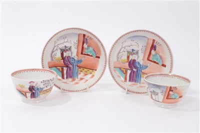 Lot 135 - A pair of New Hall type 'Boy at the Window' pattern tea bowls and saucers, circa 1800