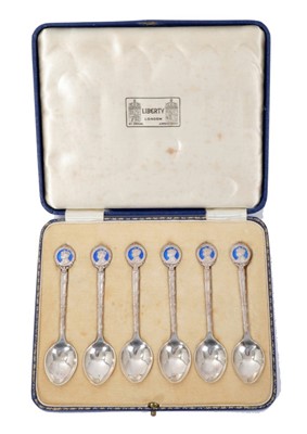Lot 77 - Six Royal enamel top spoons 1936 by Liberty in original box