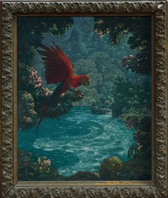 Lot 1591 - Ernest Charles Wallcousins (1883-1976) oil on board ‘The home of the Macaw’ titled to label verso, 56 x 46cm, framed 
 Provenance: By family descent from the artist