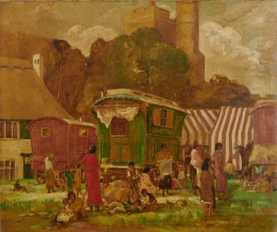 Lot 936 - *Peggy Somerville (1918-1975) oil on canvas - Summer Fair on Cavendish Green