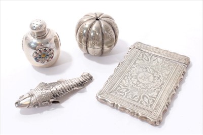 Lot 409 - Chinese Silver pepperette, silver card case, melon form box and cover, fish vinaigrette etc