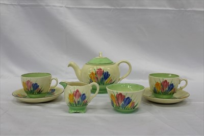 Lot 2200 - Clarice Cliff Spring Crocus pattern tea for two set, comprising teapot, milk jug, sugar bowl, two cups and two saucers
