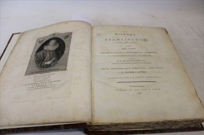 Lot 2301 - Robert Loder - ‘The History of Framlingham’,  published Woodbridge, 1798, tipped in letter from R. Green relating to History of Framlingham, small folio, leaves untrimmed, half calf with marbled cl...