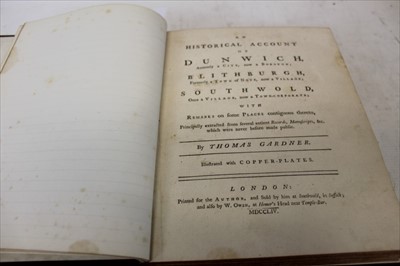 Lot 2313 - Thomas Gardner - ‘An Historical Account of Dunwich...Blythburgh...Southwold’, London 1754, folding map and folding ‘Prospect of Southwold’, extra illustrated, rebound, full leather with new spine a...