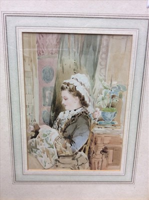 Lot 90 - English School watercolour- 19th century lady at a window