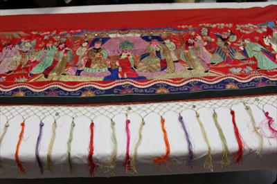 Lot 3051 - Chinese embroidered silk banner. Depicting Emperor and Empress in a pagoda with wise men, Gods on horses and other deities.  Silk satin stitches with couched metal thread outlines.
