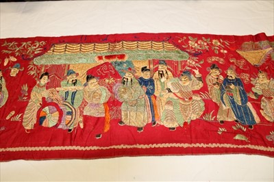 Lot 3052 - Chinese embroidered silk banner with wise men and deities in pagoda, horses butterflies, bat and other symbols in garden scene. Silk stain stitch with metal thread outlines. Unlined.