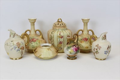 Lot 2028 - Royal Worcester blush porcelain pot pourri vase and cover, together with a pair of two handled blush vases and other pieces (7 pieces)