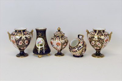 Lot 2029 - Pair of Royal Crown Derby Imari vases, together with another vase and cover, a salt and a Coalport vase (5)