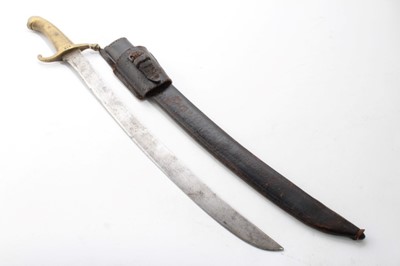 Lot 720 - 19th Century European side arm with ribbed brass hilt and curved blade in leather scabbard