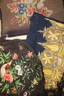 Lot 3155 - Chinese Canton embroidered silk shawl with birds, butterflies and flowers in polychrome silk thread with knotted fringing. Plus