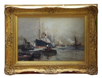 Lot 1531 - Charles Edward Dixon (1872-1934) watercolour - The Canadian S. S. Manitoba towed into harbour by a steam tug, signed and dated '96, in glazed gilt frame, 50cm x 75cm