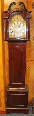 Lot 3812 - Early 20th century longcase clock chiming movement with arched brass dial, in mahogany case