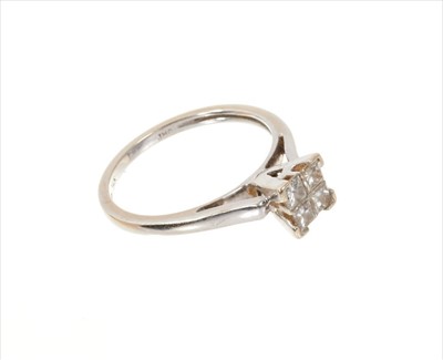 Lot 625 - Diamond cluster ring with four princess cut diamonds in 14K white gold setting