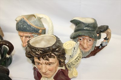 Lot 2080 - Ten Royal Doulton Character Jugs- Beethoven D7021, Capt Ahab D6500, Rip Van Winkle D6438, Melin D6529, Don Quixote D6455, Leprechaun D6847, Granny D5521, Sairey Gamp D5528, The Poacher D6429 and Lo...