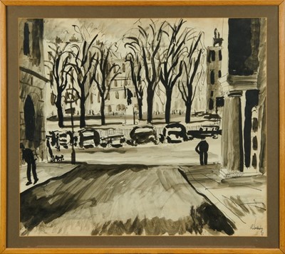 Lot 935 - *Rowland Suddaby (1912-1972) pen, ink and wash - A London Street, signed and dated ‘77, in glazed frame