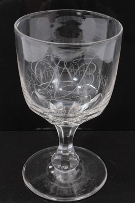 Lot 378 - Presentation crystal wine goblet engraved with monogram and the names Charlie, Marchesa, Ruth, Paddy, Basil, Colin, Mary. Signed to the underside ‘David Peace 1968’ (David Peace has a bowl in. The...