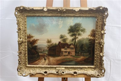 Lot 1338 - Robert Ladbrooke (1769-1842) oil on canvas - figures before a country cottage with a church beyond, in gilt frame, 33cm x 44cm 
 Provenance: Eastbourne Fine Art, June 11th 1977