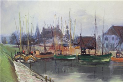 Lot 1341 - Bruno Fischer-Uwe (1915-1992) oil on canvas - fishing boats in the harbour, signed, framed, 59cm x 79cm