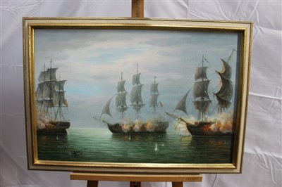 Lot 1392 - James Hardy, 20th century, oil on board - a sea battle, signed, in gilt frame, 49cm x 75cm