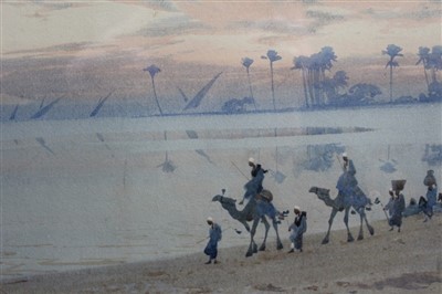 Lot 1587 - Augustus Lamplough (1877-1930) watercolour, dessert scene with camel train
