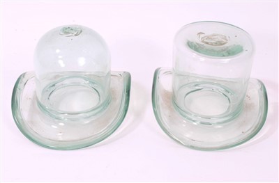 Lot 363 - Two Victorian green glass novelty vases in the form of top hat and bowler hat with fold over rims , 9-10.5cm