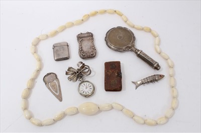 Lot 3247 - Silver fob watch, two silver Vesta cases, continental silver powder compact/mirror/lipstick holder, antique ivory bead necklace and other items