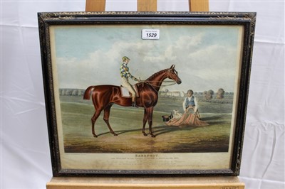 Lot 1529 - J. F. Herring, three 19th century hand coloured engravings - famous racehorses, Barefoot, St. Giles and another unnamed, in ebonised frames 
 Provenance: The Georgina Fairholme Collection