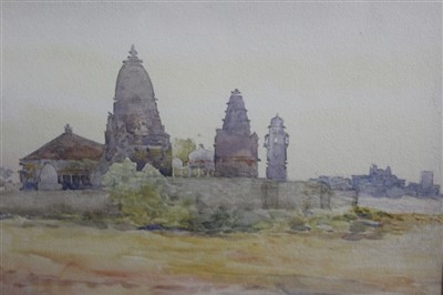 Lot 1594 - Sir Ernest George (1839-1922) watercolour - Chittoor Sree Krishnaswamy Temple, inscribed, in glazed gilt frame, 19cm x 26cm