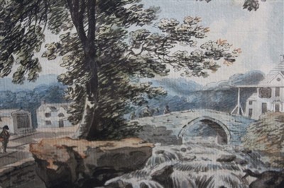 Lot 1583 - Late 18th century American school watercolour - a waterfall with houses beyond, tondo, in glazed frame, 18cm diameter