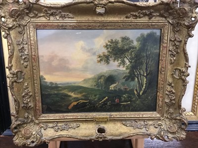 Lot 1418 - John Berney Ladbrooke (1803-1879) oil on panel - an extensive landscape with a figure seated on a log, in gilt frame, 19cm x 26cm  
 Provenance: Eastbourne Fine Art, March 19th 1977