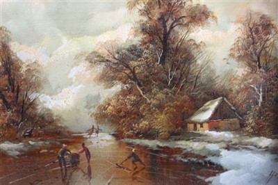 Lot 1582 - Jan Van Hessel (b.1895) pair of oils on panel - The Threatening Sky and Snow Covered Cottage, signed, in gilt frames, 18cm x 23cm  
 Provenance: Stacy-Marks Ltd. 10th January 1976