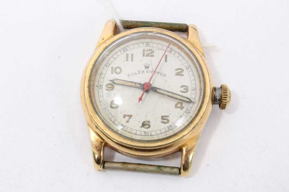 Lot 795 - 1940s Rolex Oyster wristwatch with circular dial, luminescent Arabic numerals and hands, red centre sweep seconds hand, minutes to the outer chapter ring in circular gold plated case, the back numb...