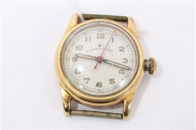 Lot 795 - 1940s Rolex Oyster wristwatch with circular dial, luminescent Arabic numerals and hands, red centre sweep seconds hand, minutes to the outer chapter ring in circular gold plated case, the back numb...