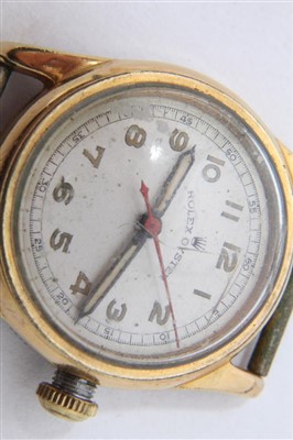 Lot 795 - 1940s Rolex Oyster wristwatch with circular dial, luminescent Arabic numerals and hands, red centre sweep seconds hand, minutes to the outer chapter ring in circular gold plated case, the back numb...