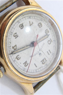Lot 795 - 1940s Rolex Oyster wristwatch with circular dial, luminescent Arabic numerals and hands, red centre sweep seconds hand, minutes to the outer chapter ring in circular gold plated case, the back numb...